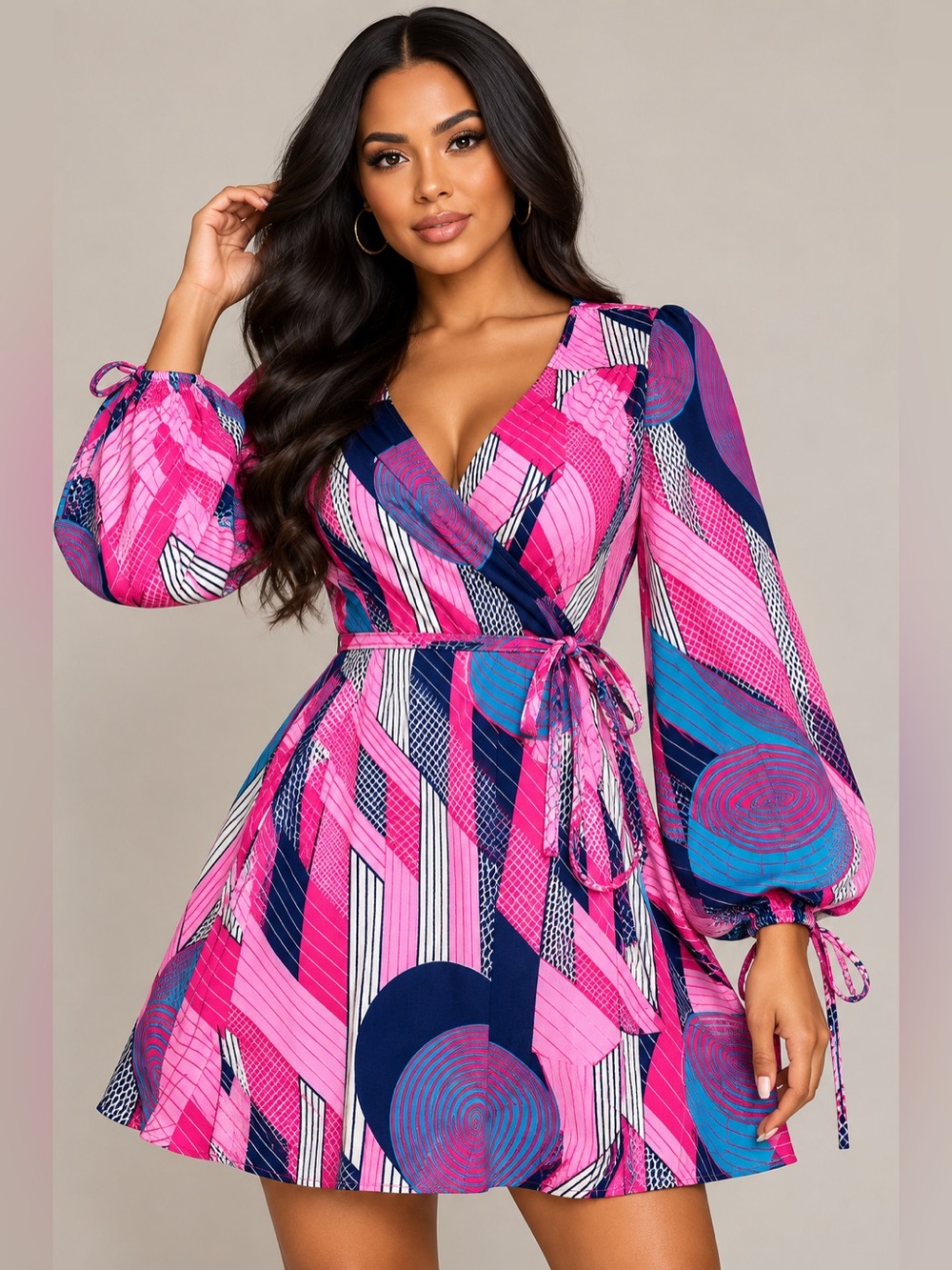 Grifflin Paris NWT Geometric Abstract Wrap Mini Dress Balloon Sleeve M